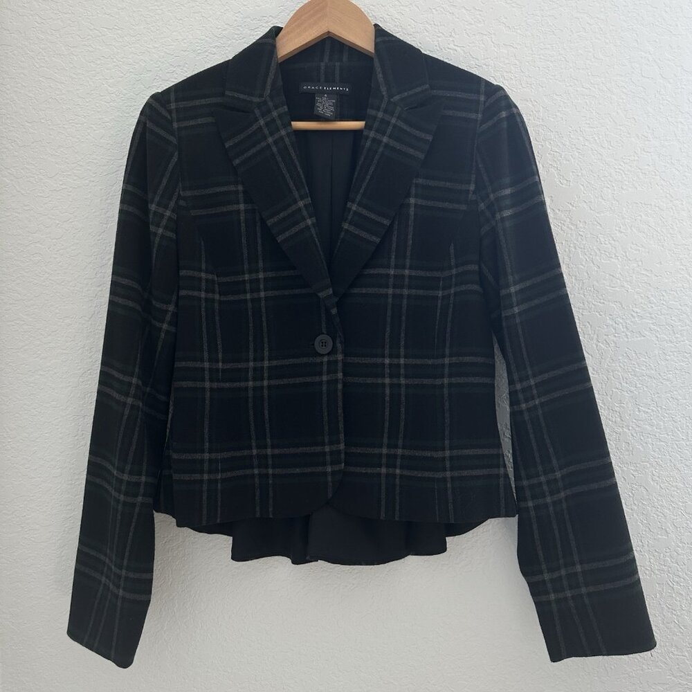 Grace Elements Womens Blazer Sz. 4 Black Plaid Ruffle Back Preppy Old‎ Money 90s